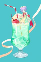 1girl :o bare_shoulders bow cherry commentary double_bun dress dress_bow food frilled_dress frills fruit glass green_background green_dress green_eyes hair_bow hair_bun ice_cream ice_cream_float manaka_laala manaka_laala_(normal) medium_dress melon_soda mini_person minigirl nanceee_305 no_pupils open_mouth pretty_series pripara purple_hair red_bow simple_background sitting solo symbol-only_commentary two-tone_dress yellow_bow
