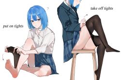 1girl ? absurdres barefoot black_pantyhose blue_eyes blue_hair blue_jacket blue_skirt collared_shirt dressing english_text full_body head_out_of_frame highres hololive hoshimachi_suisei jacket long_sleeves miniskirt multiple_views pantyhose plaid_clothes plaid_skirt school_uniform shirt short_hair simple_background sitting skirt stool thighs undressing virgo76612871 virtual_youtuber white_background white_shirt