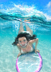 1girl bikini black_hair blue_eyes blue_sky bracelet breast_press breasts cleavage collarbone commentary english_commentary freckles full_body highres jewelry kim_junghun large_breasts long_hair looking_at_viewer lying necklace on_stomach open_mouth original panties ring ring_necklace sky solo surfboard swimsuit teeth underwater underwear watch white_bikini white_panties wristwatch