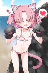 1girl animal_ears animal_hands beach bikini black_gloves blue_archive blue_sky blush cat_ears cat_girl cat_tail chlorella_observation_club_member_(blue_archive) choker cloud day flat_chest gloves hair_over_eyes halo heart highres loli mamiyahara_hitoshige micro_bikini navel open_mouth outdoors paw_gloves pink_hair pink_halo side-tie_bikini_bottom sky smile solo spoken_heart standing striped_bikini striped_clothes swimsuit tail white_choker