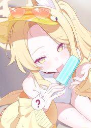 1girl ? absurdres animal_ear_fluff animal_ears bare_shoulders blonde_hair blue_archive blush cross_halo food fox_ears fox_girl halo heart heart-shaped_pupils highres jacket licking loli long_hair looking_at_viewer off_shoulder official_alternate_costume one-piece_swimsuit popsicle seia_(blue_archive) seia_(swimsuit)_(blue_archive) side_ponytail solo sunglasses sweatdrop swimsuit symbol-shaped_pupils thighs tinted_eyewear tongue tongue_out trigonometric_function visor_cap white_one-piece_swimsuit yellow_halo yellow_jacket