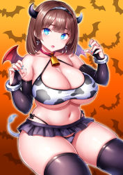 1girl animal_print bat_background bat_wings bell bikini black_gloves blue_eyes blue_nails blunt_bangs bracelet breasts bridal_gauntlets brown_hair choker claw_pose cleavage cow_horns cow_print cow_print_bikini cow_tail cowbell cowboy_shot cross cross_earrings earrings elbow_gloves fang fingerless_gloves gloves highres horns jewelry large_breasts miniskirt mole mole_under_eye nail_polish navel open_mouth orange_background original print_bikini red_neckwear short_hair side-tie_bikini_bottom simple_background skirt solo swimsuit tail thighhighs tsukumiya_amane whale_tail_(clothing) wings