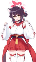 1girl ahoge animal_ears black_choker blue_archive blush breasts candy_moon777 choker commentary_request cowboy_shot detached_sleeves fang hair_between_eyes hair_bun hair_ornament halo hands_up highres kaede_(blue_archive) large_breasts looking_at_viewer open_mouth oppai_loli red_sailor_collar sailor_collar simple_background single_side_bun sleeves_past_wrists smile standing thighhighs thighs white_background white_thighhighs wide_sleeves yellow_eyes zettai_ryouiki