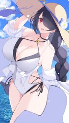 absurdres bikini black_bikini blue_archive braid braided_ponytail casual_one-piece_swimsuit criss-cross_halter cross cross_earrings double_bikini earrings flower hair_over_one_eye halo halterneck hat hat_flower highres hinata_(blue_archive) hinata_(swimsuit)_(blue_archive) jewelry layered_swimsuit mk_iii_jam official_alternate_costume one-piece_swimsuit one_eye_covered straw_hat sun_hat swimsuit white_one-piece_swimsuit yellow_halo yellow_hat
