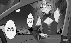 1boy absurdres animal_ears arm_up armpits bare_shoulders blush car_interior cat_boy cat_ears commentary detached_sleeves english_commentary english_text greyscale highres jiangshi_costume looking_at_viewer male_focus monochrome moon night ofuda ofuda_on_head original outdoors parted_lips rat_squeak short_hair sleeveless solo speech_bubble trap tree tsurime twitter_username