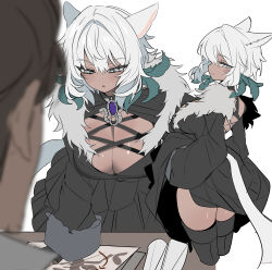 1boy 1girl absurdres animal_ears breasts chu_yeon cleavage closed_mouth dark_skin final_fantasy final_fantasy_xiv green_eyes highres large_breasts multiple_views open_mouth smile solo_focus white_hair y&#039;shtola_rhul