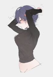 1girl adjusting_hair arms_up belle_(zenless_zone_zero) black_shirt blue_hair blush breasts closed_eyes commentary_request from_side grey_background hair_between_eyes hair_ornament highres le_(szs0k) letter_hair_ornament long_sleeves medium_breasts messy_hair midriff navel open_mouth profile shiny_skin shirt short_hair simple_background sleepy sleeves_past_wrists solo squeans stretching taut_clothes taut_shirt torso yawning zenless_zone_zero