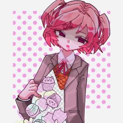 Rule 34 | 1girl, :3, blazer, blood, blood from mouth, bob cut, border, bow, bowtie, brown sweater vest, chocolate hoshi, collared shirt, commentary, cupcake, doki doki literature club, doki doki literature club school uniform, dress shirt, empty eyes, fake blood, fake transparency, food, grey jacket, hair intakes, hair ornament, hair ribbon, head tilt, highres, jacket, long sleeves, natsuki (doki doki literature club), neck ribbon, open clothes, open jacket, opened by self, outside border, pink background, pink blood, pink hair, pink polka dots, polka dot, polka dot background, red bow, red bowtie, red ribbon, ribbon, school uniform, shaded face, shirt, solo, standing, sweater vest, swept bangs, two-tone background, two side up, upper body, white background, white border, white shirt, x hair ornament