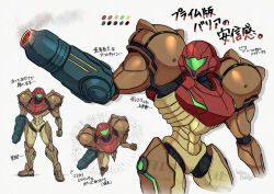 1girl arm_cannon armor arrow_(symbol) artist_name assault_visor clenched_hand color_guide commentary_request english_text green_visor looking_at_viewer metroid metroid_prime_2:_echoes mixed-language_text nintendo power_suit power_suit_(metroid) samus_aran science_fiction shoulder_armor signature solo standing translation_request varia_suit visor_(armor) wakaba_(wata_ridley) watermark weapon