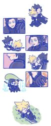 105zz 2boys armor black_gloves black_hair blonde_hair blue_eyes buster_sword closed_eyes cloud_strife commentary_request crisis_core_final_fantasy_vii cross_scar earrings facial_scar final_fantasy final_fantasy_vii gloves grass highres jewelry leaning_on_person lying male_focus multiple_boys multiple_views on_side open_mouth rain scar scar_on_cheek scar_on_face short_hair shoulder_armor sitting sleeping sleeveless sleeveless_turtleneck spiked_hair stud_earrings sweater sword sword_on_back turtleneck turtleneck_sweater weapon weapon_on_back wheelchair white_background zack_fair