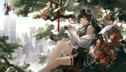Rule 34 | 1girl, :/, ahoge, bare shoulders, belt, black belt, black eyes, black hair, black shirt, black skirt, building, camera, city, copyright name, day, feet out of frame, from side, fuling (guilongchao), glasses, guilongchao, hair bun, highres, holding, holding camera, in tree, jacket, lion dance, logo, long hair, long sleeves, looking at viewer, miniskirt, off shoulder, official art, on branch, round eyewear, shirt, single side bun, sitting, sitting in tree, sitting on branch, skirt, sky, sleeveless, sleeveless shirt, solo, thigh strap, tree, white footwear, white jacket, white sky