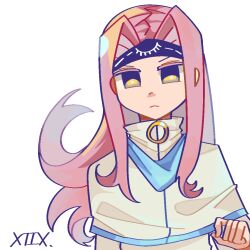 Rule 34 | 1boy, blue headband, blue trim, capelet, chinese commentary, closed mouth, colored eyelashes, commentary request, curtained hair, enein rundall, frown, hand up, headband, kuaikuaikuaikuaikuaituguai, long hair, male focus, parted bangs, pink hair, saibou shinkyoku, shirt, sidelocks, simple background, solo, upper body, white background, white capelet, white shirt, yellow eyes