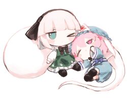Rule 34 | 2girls, black bow, black bowtie, black socks, blue eyes, blue kimono, blush, bow, bowtie, expressionless, full body, fumo (doll), green skirt, green vest, hairband, hat, japanese clothes, kimono, konpaku youmu, konpaku youmu (ghost), long sleeves, lying, medium hair, multiple girls, natucurage, on side, one eye closed, pink eyes, pink hair, saigyouji yuyuko, shirt, sitting, skirt, smile, socks, touhou, vest, white hair, white shirt