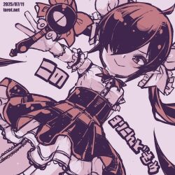 1girl ahoge armband armpits backbeako_(torotei) backbeard blush bow bowtie closed_mouth commentary_request cowboy_shot dated dated_commentary dutch_angle frilled_armband frilled_ribbon frilled_skirt frills garter_straps gegege_no_kitarou gloves hair_over_one_eye hair_ribbon high-waist_skirt holding holding_wand kono_lolicon_domome layered_skirt long_hair looking_at_viewer magical_girl monochrome original outstretched_arm paid_reward_available pink_background pink_theme pointy_ears ribbon shirt simple_background skirt sleeveless sleeveless_shirt solo torotei translated twintails wand watermark web_address