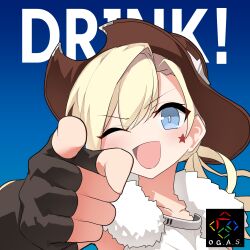 1girl absurdres black_gloves blonde_hair blue_eyes collarbone colt_revolver_(girls&#039;_frontline) cowboy_hat english_text facial_mark fingerless_gloves fur_collar girls&#039;_frontline gloves hat highres looking_at_viewer one_eye_closed open_mouth parody pepsiman_(game) pointing pointing_at_viewer solo star_(symbol) star_facial_mark upper_body yanagui_yugi