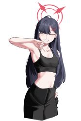 1girl absurdres armpits bare_arms bare_shoulders black_hair black_pants black_shirt blue_archive breasts commentary_request crop_top cropped_legs facing_viewer grin hair_ornament hairclip halo highres ichika_(blue_archive) korean_commentary long_hair looking_at_viewer medium_breasts midriff navel pants paul_1ng shirt simple_background sleeveless sleeveless_shirt smile solo stomach white_background