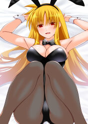 1girl absurdres animal_ears armpits arms_up ass bare_shoulders black_leotard blonde_hair bow bowtie breasts cameltoe cleavage collarbone detached_collar engo_(aquawatery) fake_animal_ears fate_testarossa highres large_breasts leotard long_hair looking_at_viewer lying lyrical_nanoha mahou_shoujo_lyrical_nanoha mahou_shoujo_lyrical_nanoha_strikers no_bra on_bed pantyhose playboy_bunny rabbit_ears red_eyes smile solo strapless strapless_leotard wrist_cuffs