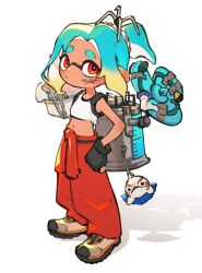 1girl baggy_pants black_bra black_gloves blonde_hair blue_hair bra bra_peek breasts brown_shoes closed_mouth commentary_request dark-skinned_female dark_skin dirty dirty_face fingerless_gloves freckles full_body gloves hand_on_own_hip highres inari1369 ink_tank_(splatoon) inkling inkling_girl inkling_player_character looking_at_viewer mechanic_(splatoon_raiders) multicolored_hair nintendo pants parted_bangs pointy_ears ponytail red_eyes red_pants shirt shoes short_hair small_breasts solo splatoon_(series) splatoon_raiders standing tentacle_hair tied_shirt underwear white_background white_shirt