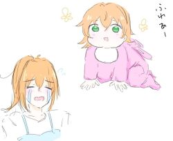 2girls :d all_fours animal_hood apron baby blue_apron blush commentary_request crawling crossed_bangs crying flower_symbol flying_sweatdrops green_eyes happy_tears hinoshita_kaho hood hood_down if_they_mated ips_cells link!_like!_love_live! love_live! medium_hair mother_and_daughter multiple_girls onesie open_mouth orange_hair otomune_hinata_(soora0202) ponytail rabbit_hood shirt short_hair simple_background sketch smile soora0202 streaming_tears tears translation_request virtual_youtuber white_background white_shirt