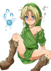 1boy blonde_hair blue_eyes blush boots flying_sweatdrops hat high_boots link male_focus mimitchilove navi nintendo phrygian_cap pointy_ears scratches shirt shota simple_background sitting solo spread_legs tears the_legend_of_zelda the_legend_of_zelda:_ocarina_of_time torn_clothes translation_request white_background young_link