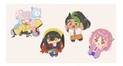 4girls :d ;d black_hair blue_hair blue_jacket blue_pants blueberry_academy_school_uniform bow-shaped_hair brown_eyes cardigan carmine_(pokemon) chibi chibi_only closed_mouth colored_inner_hair crossed_bangs dark-skinned_female dark_skin freckles gloves green_hair hair_between_eyes hair_ornament hairclip han0579 highres iono_(pokemon) jacket lacey_(pokemon) long_hair long_sleeves looking_at_viewer multicolored_hair multiple_girls naranja_academy_school_uniform necktie nemona_(pokemon) nintendo one_eye_closed open_cardigan open_clothes open_mouth orange_eyes orange_necktie pants pink_cardigan pink_eyes pink_hair pokemon pokemon_sv ponytail red_gloves red_hair school_uniform shirt short_hair single_glove sleeves_past_fingers sleeves_past_wrists smile twintails two-tone_hair very_long_hair white_shirt yellow_eyes yellow_jacket