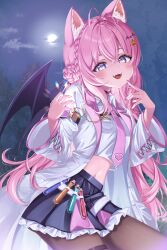 1girl 4kimizuki absurdres animal_ear_fluff animal_ears black_skirt blush braid braided_bun breasts brown_pantyhose commentary cropped_shirt demon_wings flower_collar food-themed_hair_ornament hair_bun hair_ornament hakui_koyori hexagon highres hololive lab_coat long_hair looking_at_viewer medium_breasts moon navel night night_sky pantyhose pink_hair pink_tail pumpkin_hair_ornament purple_eyes skirt sky smile solo tail virtual_youtuber wings wolf_ears wolf_girl wolf_tail