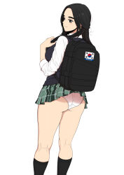 1girl absurdres ass backpack bag beautiful_gunbari black_socks black_sweater_vest breasts clothes_lift green_skirt han_soi highres long_hair neworz panties plaid_clothes plaid_skirt simple_background skirt skirt_lift socks solo standing sweater_vest thick_eyebrows underwear white_background white_panties