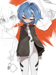 1girl ayanami_rei blue_hair blush bodysuit breasts closed_eyes eva_00 grey_jacket head_tilt highres jacket mecha mecha_pilot_suit neon_genesis_evangelion one-eyed onionsketch plugsuit_(evangelion) robot school_uniform serafuku short_hair sketch small_breasts solo_focus white_bodysuit