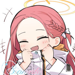 Rule 34 | +++, 1girl, :d, absurdres, blue archive, blush, bow, braid, chinese commentary, clenched hands, closed eyes, commentary, facing viewer, forehead, hair behind ear, hair bow, halo, hands up, highres, hood, hood down, hooded jacket, jacket, long hair, long sleeves, multicolored jacket, one side up, open mouth, orange jacket, pinko (oknip), power symbol, red hair, sample watermark, simple background, single braid, smile, solo, upper body, watermark, white background, white bow, white jacket, yellow halo, yuzu (blue archive)