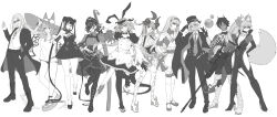 absurdres amakusa_shirou_(fate) amakusa_shirou_(phantom_thief)_(fate) animal_ears arjuna_(fate) arjuna_alter_(fate) astolfo_(fate) astolfo_(saber)_(fate) astolfo_(saber)_(third_ascension)_(fate) black_bow black_thighhighs bow chevalier_d&#039;eon_(fate) chevalier_d&#039;eon_(maid_knight)_(fate) crossdressing elizabeth_bathory_(fate) elizabeth_bathory_(second_ascension)_(fate) everyone fake_animal_ears fate/apocrypha fate/grand_order fate_(series) gloves greyscale group_picture group_pose hair_bow hair_intakes highres just_we koyanskaya_(assassin)_(first_ascension)_(fate) koyanskaya_(fate) long_hair monochrome multiple_hair_bows mysterious_ranmaru_x_(fate) rabbit_ears salute scabbard sheath shoes single_hair_streak sword tamamo_(fate) tamamo_no_mae_(swimsuit_lancer)_(fate) tamamo_no_mae_(swimsuit_lancer)_(first_ascension)_(fate) tezcatlipoca_(fate) thighhighs trap twintails very_long_hair weapon yang_guifei_(fate) yang_guifei_(first_ascension)_(fate)