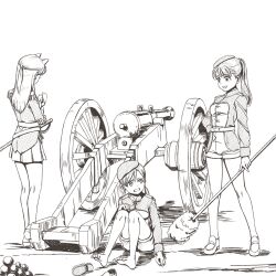 barefoot beret cannon cannonball greyscale hat highres kageng long_hair long_sleeves military military_uniform monochrome multiple_girls open_mouth original ponytail saber_(weapon) shorts skirt sword turret weapon wheel