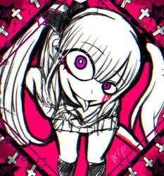 1girl amemiya_darumi bow crazy_eyes female_focus hair_bow looking_at_viewer monochrome pink_eyes pleated_skirt skirt solo the_hundred_line_-last_defense_academy- tongue tongue_out twintails