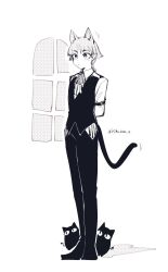Rule 34 | 1other, animal ears, arm belt, arms behind back, belt, braid, cat ears, cat tail, collared shirt, extra ears, full body, greyscale, halftone, highres, isiko mim z, long sleeves, mairimashita! iruma-kun, medium hair, monochrome, opera (iruma-kun), other focus, pants, pointy ears, ribbon, shirt, single braid, standing, tail, vest, white background, window