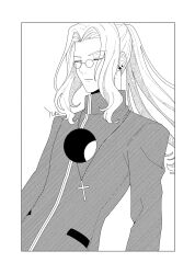 1boy absurdres closed_eyes closed_mouth cross cross_necklace earrings glasses hashikko69 highres hole_in_chest hole_on_body jewelry long_hair male_focus michael_roa_valdamjong michael_roa_valdamjong_(human) necklace ponytail priest tsukihime upper_body very_long_hair
