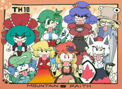 Rule 34 | &gt; o, 6+girls, aki minoriko, aki shizuha, animal ears, bare shoulders, black skirt, blonde hair, blue shirt, blue skirt, breasts, copyright name, crossed arms, dress, flat cap, frog hair ornament, front ponytail, gohei, gradient clothes, gradient dress, green hair, green headwear, hair bobbles, hair ornament, hat, holding, holding shield, holding sword, holding weapon, inubashiri momiji, kagiyama hina, kawashiro nitori, kevin arthur, key, kochiya sanae, leaf, leaf hair ornament, long hair, long sleeves, looking at viewer, maple leaf, medium hair, mirror, moriya suwako, mountain of faith, multiple girls, onbashira, one eye closed, pocket, pom pom (clothes), purple hair, red eyes, red shirt, red skirt, shield, shirt, short hair, skirt, snake hair ornament, sword, tadpole, tail, tongue, tongue out, touhou, two-tone skirt, two side up, v-shaped eyebrows, weapon, white hair, white shirt, wolf ears, wolf girl, wolf tail, yasaka kanako, yellow eyes
