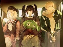 1boy 2girls absurdres alternate_costume black_bag black_hair black_hat black_jacket blonde_hair blue_eyes brown_shirt car_interior chinese_commentary closed_mouth commentary_request dress grey_pants hat highres honseie hood hoodie jacket lee_(pgr) liv_(pgr) long_sleeves looking_at_viewer looking_to_the_side lucia_(pgr) multicolored_hair multiple_girls pants pink_eyes pink_shirt punishing:_gray_raven red_eyes shirt sitting streaked_hair twintails white_dress white_hair white_hoodie