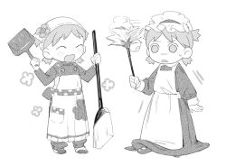 2girls :d alternate_costume apron blush broom buttoned_cuffs buttons closed_eyes duster dustpan enmaided hand_up hands_up holding holding_broom holding_duster holding_dustpan koiwai_yotsuba light_particles maid maid_apron maid_headdress mary_janes monochrome multiple_girls open_mouth quad_tails russian_clothes shoes simple_background smile solid_circle_eyes triangle_mouth wenli white_background yotsubato!