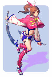 anago_(tokyo_retro_gokko) brown_eyes brown_hair dagger fishnet_thighhighs fishnets highres knife kunoichi_(sengoku_musou) leg_up legs lips lipstick makeup midriff navel ninja ponytail sengoku_musou shawl shorts side_ponytail thighhighs thighs weapon