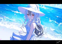 1girl absurdres alternate_costume alternate_hairstyle bare_arms bare_shoulders beach black_hair blue_archive blush bow closed_mouth dress ear_piercing hair_between_eyes hat hat_bow highres kayoko_(blue_archive) long_hair looking_at_viewer megumi_kei multicolored_hair ocean piercing red_eyes sleeveless sleeveless_dress smile solo sun_hat two-tone_hair white_bow white_dress white_hair yellow_hat