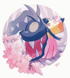 cherry_blossoms extra_mouth from_behind full_body gen_3_pokemon harumomo_(@harumomo123456) highres looking_at_viewer mawile mega_mawile mega_pokemon nintendo petals pokemon pokemon_(creature) red_eyes sharp_teeth solo teeth