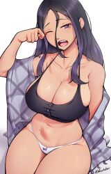 1girl absurdres arm_support black_bra black_hair bow bow_panties bra breasts cleavage collarbone commentary_request curvy dracksart grey_shawl hair_between_eyes highres large_breasts looking_at_viewer mole mole_on_breast navel open_mouth original panties purple_eyes rubbing_eyes shawl sidelocks signature simple_background sitting solo teeth thick_thighs thighs underwear upper_teeth_only white_background white_panties yawning