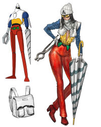 Rule 34 | 1girl, backpack, bag, beanie, black hair, blue sleeves, closed umbrella, cropped jacket, full body, getter-2, getter robo, gloves, goggles, hand on own hip, hat, high heels, holding, holding pliers, holding umbrella, humanization, jacket, long hair, long sleeves, looking to the side, official art inset, open clothes, open shirt, pants, pliers, red pants, red shoes, reference inset, scarf, shirt, shoes, solo, standing, tahra, tinted eyewear, umbrella, white bag, white gloves, white hat, white jacket, white scarf, yellow-tinted eyewear, yellow shirt, yellow undershirt