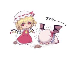 2girls :3 arms_behind_back ascot bat_wings blonde_hair bow broken chibi chibi_only closed_mouth collared_shirt crying flandre_scarlet flying_sweatdrops frilled_shirt_collar frills full_body hat hat_bow hat_ribbon lying mob_cap multiple_girls on_ground pink_hat puffy_short_sleeves puffy_sleeves red_bow red_eyes red_ribbon red_skirt red_vest remilia_scarlet ribbon shirt short_sleeves siblings sisters skirt solid_oval_eyes stuffed_animal stuffed_toy stuffing teddy_bear touhou translated unime_seaflower vest white_hat white_shirt wings wrist_cuffs yellow_ascot