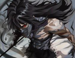 1boy alternate_form aura black_hair bleach from_above glowing glowing_eyes highres kurosaki_ichigo long_hair male_focus mask maskoo185826 mouth_mask mugetsu_form_(bleach) muscular muscular_male official_alternate_eye_color official_alternate_hair_color official_alternate_hair_length official_alternate_hairstyle partially_shaded_face single_bare_shoulder solo tight_clothes watermark