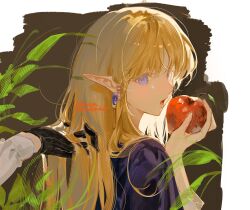1girl apple blonde_hair blue_eyes earrings food fruit gloves holding holding_food holding_fruit ih2bb2thks76016 jewelry leaf looking_at_viewer mabinogi portia_(mabinogi) pov pov_hands