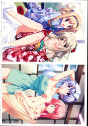 2000s_(style) 2009 :3 absurdres after_bathing antenna_hair arm_up armpits bare_shoulders blonde_hair blue_hair blush breasts chaos;head cleavage clothes_pull collarbone covering_privates dated drunk exif_rotation floral_print floral_print_headwear floral_print_kimono floral_print_sleeves flower flower_hairpin gluteal_fold green_eyes green_hair groin groin_tendon hair_ornament hairband hand_on_own_hip highres holding holding_towel japanese_clothes kanzashi kimono kishimoto_ayase kusunoki_yua long_hair looking_at_another looking_at_viewer matsuo_yukihiro multiple_girls naked_towel nishijou_nanami no_shoes non-web_source nude_cover obi obijime official_art onsen open_mouth pink_eyes pink_hair print_kimono purple_eyes purple_kimono red_kimono rose sakihata_rimi same-sex_bathing sash sauna shadow shared_bathing short_hair smile socks spread_toes steam surprised sweatdrop thighs toes towel towel_around_waist towel_on_head tsumami_kanzashi violet_(flower) water wet wet_towel white_socks