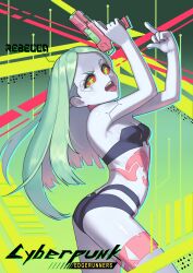 1girl artificial_eye bra breasts colored_sclera colored_skin cyberpunk_(series) cyberpunk_2077 cyberpunk_edgerunners cyborg green_hair gun handgun highres holding holding_gun holding_weapon leg_tattoo long_hair looking_at_viewer mechanical_eye middle_finger neck_tattoo open_mouth pink_tattoo rebecca_(cyberpunk) red_pupils red_sclera small_breasts solo stomach_tattoo tattoo underwear weapon white_skin yuksi