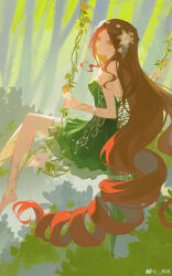 1girl absurdres arm_vines armlet bare_shoulders barefoot breasts bush butterfly_wings chinese_commentary dress drill_hair feet_out_of_frame flower flower_swing forest from_side green_dress hair_flower hair_ornament highres insect_wings jewelry long_hair looking_at_viewer looking_to_the_side medium_breasts nature nikki_(series) on_swing outdoors parted_bangs parted_lips plant red_hair shining_nikki short_dress sitting solo strapless strapless_dress stray_springwood_(shining_nikki) swing swinging_on_swing train_(clothing) very_long_hair vines white_flower wings yaqing yellow_eyes