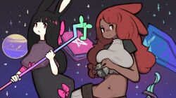 2girls :o animal_ears big_hair black_dress black_hair blunt_bangs book bow breasts bruiser_rabbit capelet closed_mouth commentary dagger dress english_commentary floppy_ears grey_capelet hair_bow heavyblade_rabbit highres holding holding_staff knife large_breasts long_hair looking_at_viewer midriff mino_dev multiple_girls mystery_box navel official_art open_mouth pentagram pink_bow rabbit_and_steel rabbit_ears rabbit_girl red_eyes red_hair shield smile split_mouth staff weapon