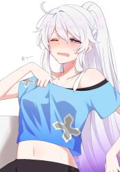 Rule 34 | 1girl, ahoge, blue eyes, blue shirt, breasts, half-closed eyes, high ponytail, highres, honkai (series), honkai impact 3rd, kiana kaslana, kiana kaslana (herrscher of finality), long hair, medium breasts, midriff, multicolored hair, navel, one eye closed, open mouth, ponytail, purple hair, shirt, simple background, solo, star-shaped pupils, star (symbol), symbol-shaped pupils, two-tone hair, very long hair, white background, white hair, yudemame1027